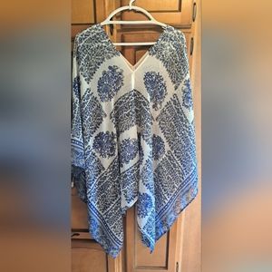 Gorgeous K. JORDAN Kimono with Arms Over Shirt Flowy Blues w/Whites 1x-3x